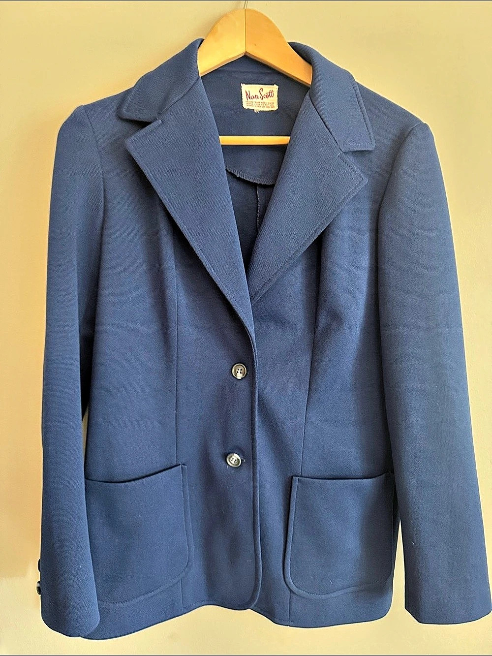 VTG 70s Nan Scott Blue Double Knit Blazer Jacket Structured Mod Professional